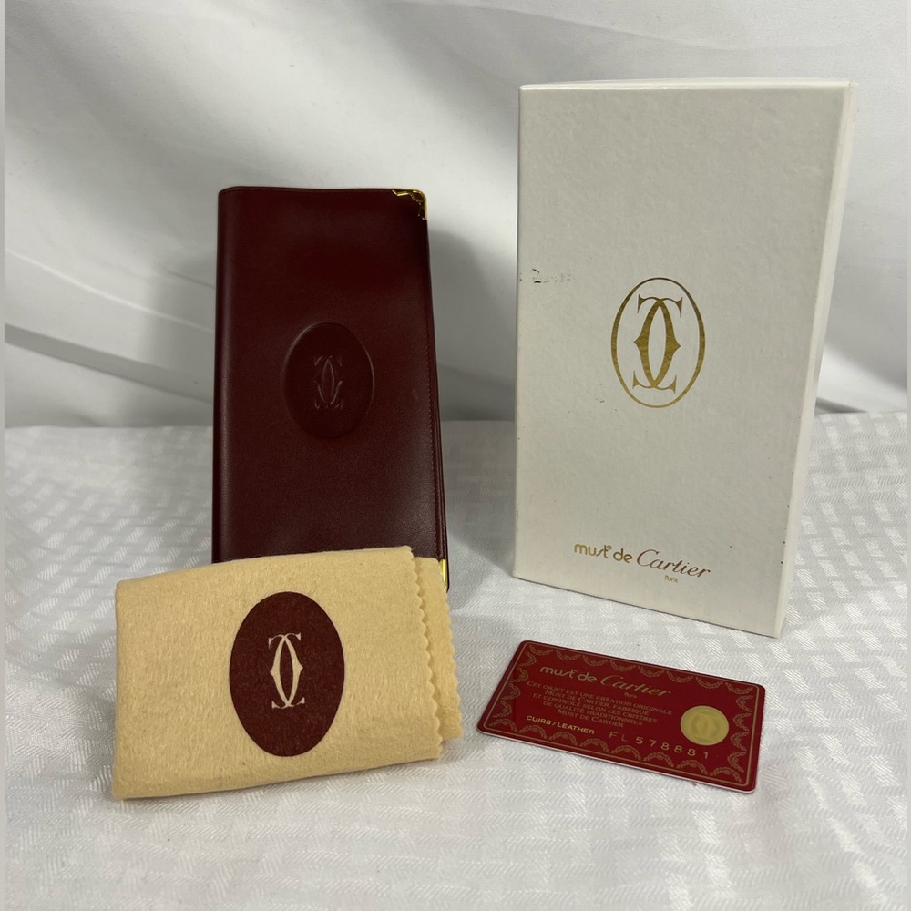 BOX: Cartier Must de Cartier Burgundy Leather Long Wallet w/ Box & Card
